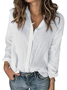 lot 1217 image: Karlywindow Womens Long Sleeve Button Down Cotton Linen Shirt Blouse Loose Fit Casual V-Neck Tops White Retail $20.14