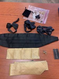 lot 1221 image: Barry.Wang Classic Mens Gold Ties Silk Necktie Pocket Square Cufflinks Set & black cumberbund bow ties French cuff links Woven Designer Wedding Business Retail $34.99