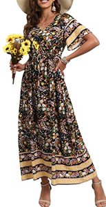 lot 1233 image: GRECERELLE Womens Boho Beach Floral Print Summer Dress Deep V Neck Short Sleeve Drawstring High Waist Flowy Long Maxi Dresses Flower Cluster-Black-L Retail $33.28