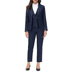 lot 1235 image: MODFUL Womens 3 Piece Stripe Business Suit Set Elegant Blazer Buckle Strap Vest and Pants(Navy Stripes,X-Large) Retail $63.09