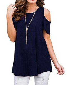 lot 1239 image: Afibi Womens Casual Short Sleeve Cold Shoulder Tunic Tops Loose Blouse Shirts (X-Large, A-Navy Blue) Retail $16.63