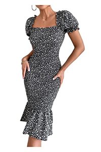 lot 1247 image: PRETTYGARDEN Womens Summer Floral Midi Bodycon Dresses Short Puff Sleeve Square Neck Ruffle Hem Mermaid Cocktail Dress (Black,Large) Retail $37.67