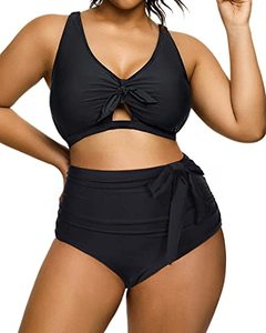 lot 1254 image: Daci Women Black 2 Piece Plus Size Bikini Swimsuit High Waisted Bottom Ruched Tie Knot Bathing Suit XXL Retail $28.90