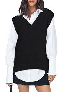 lot 1262 image: Viottiset Womens Oversized V Neck Fuzzy Sweater Vest Tunic Fall Sleeveless Knit Pullover Top Black Small Retail $26.27