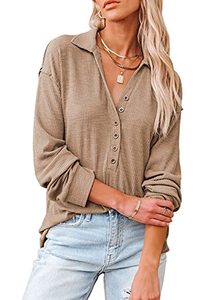 lot 1264 image: Sidefeel 2023 Oversized Button Down Shirts for Women Ribbed Long Sleeve Henley Shirt Solid Color Loose Tunic Tops Khaki X-Large Retail $22.77