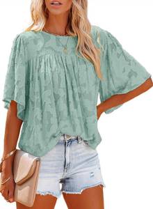 lot 1267 image: Dokotoo Womens Floral Textured Babydoll Short Sleeve Green Blouses for Women Fashion 2023 Crewneck Lace Cute Tops for Women Dressy Casual Summer Loose Flowy Business Shirts Medium Retail $23.65
