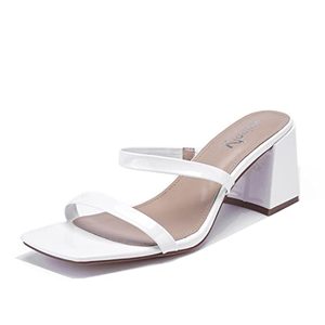 lot 1276 image: vivianly Womens Square Open Toe Double Band Chunky Block Heel Slip On Slide Sandals Mule Heels size 9 Retail $33.74
