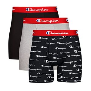 lot 1286 image: Champion Mens Cotton Stretch Boxer Brief, BlackOxford Grey HeatherBlack Script Logo, M Retail $30.25