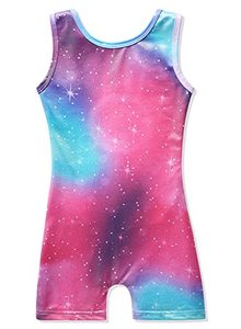lot 1291 image: HOZIY Gymnastics Biketards for Girls Kids Apparel Clothing Clothes 5t Size 5-6x Hot Pink Colorful Galaxy Milky Way Sparkly Retail $12.25