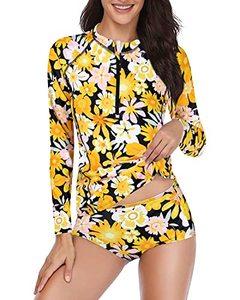 lot 1310 image: Daci Women Yellow Flower 2 Piece Rash Guard Long Sleeve Bathing Suit with Bottom Built in Bra Swimsuit UPF 50 M Retail $28.90