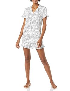 lot 1315 image: Amazon Essentials Womens Cotton Modal Piped Notch Collar Pajama Set (Available in Plus Size), White, Dots Print, Small Retail $25.26