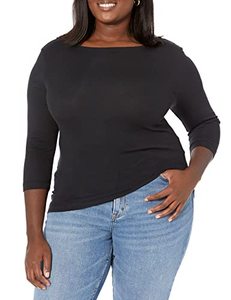 lot 1316 image: Amazon Essentials Womens Slim-Fit 34 Sleeve Solid Boat Neck T-Shirt, Black, Medium Retail $18.55