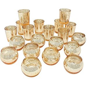 lot 1060 image: Just Artifacts 24pcs Assorted Gold Mercury Glass Votive Candle Holders (12pc 2-Inch Round, 12pc 2.75-Inch) Retail $41.14