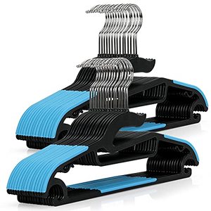 lot 1068 image: Tinfol 30PC Plastic Hangers Space Saving Clothes Hangers, Dry Wet Hangers with Blue Non-Slip Pads Clothes - Suit Hangers Heavy Duty Coat Hanger Perfect for Cloth,Underwear, Pants, Shirts and Sweaters Retail $31.41