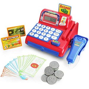 lot 1078 image: Boley Toy Cash Register with Scanner - Red and Blue Toddler Cash Register Toy for Kids with Calculator and Toy Credit Card Reader Retail $28.71