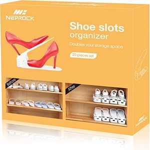 lot 1082 image: Neprock Shoe Slots Organizer, Adjustable Shoe Stacker Storage Space Saver, Double Deck Shoe Rack Holder for Closet Organization (20-Pack)(White) Retail $37.71