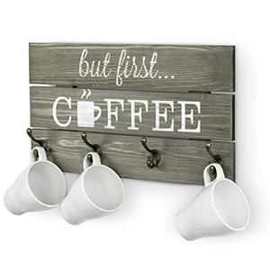lot 1083 image: MyGift Wall Mounted Vintage Gray Solid Wood Coffee Mug Holder Rack, Decorative But First Coffee Sign Coffee Bar Accessories Decor with 4 Dual Hooks Retail $20.60