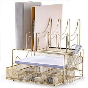lot 1087 image: ROCDEER Gold File Desk Organizer with Drawer and File Folder Sorter, Desktop Paper Organizer for Desk Countertop Cabinet Office supplies Retail $30.40