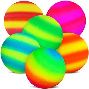 lot 1094 image: 6 Pack 8.5 Inch Playground Balls with Hand Pump and 6 Portable Ball Net Bags Inflatable Rainbow Sports Balls for Kids Toddlers Adults Kickballs Dodgeball Handballs Recess Balls Indoor Outdoor Games Retail $18.85