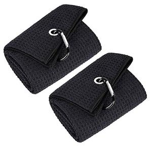 lot 1096 image: Mile High Life Tri-fold Golf Towel  Premium Microfiber Fabric  Waffle Pattern  Heavy Duty Carabiner Clip (Black  Black) Retail $12.14