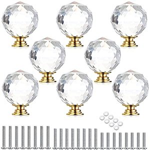 lot 1099 image: JUXYES 8 Pack 40mm Crystal Cabinet Drawer Knobs, Clear Round Diamond Glass Handle Decorative Drawer Knobs Modern Cupboard Door Handle Knobs for Dresser Drawer Cabinet Closet Retail $16.47