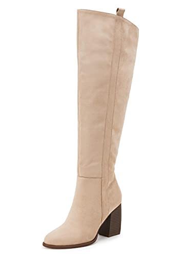 lot 2705 image: SERAIH Womens Over The Knee Thigh High Boots Faux Suede Pointed Toe Side Zipper Chunky Block Heel Stretch Boots