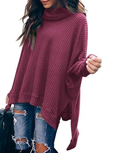 lot 1965 image: Caracilia Waffle Knitted Sweater for Women Cowl Neck Long Dolman Sleeve Rose Sweater Tunic Tops C8A3-meihong-XL