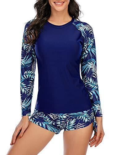 lot 2964 image: Womens Long Sleeve Swimsuit Women Athletic Rash Guards for Women Two Piece Swimsuits Tankini Bathing Suits Green Leaf S