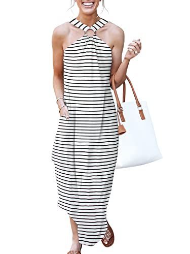 lot 2971 image: ANRABESS Womens Summer Sleeveless Loose Maxi Dresses Criss Cross Backless Striped Slit Long Dresses for Beach 478baiheitiao-L