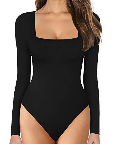 lot 2977 image: MANGOPOP Womens Square Neck Short Sleeve Long Sleeve Tops Bodysuit Jumpsuit (B Long Sleeve Black, XX-Large)