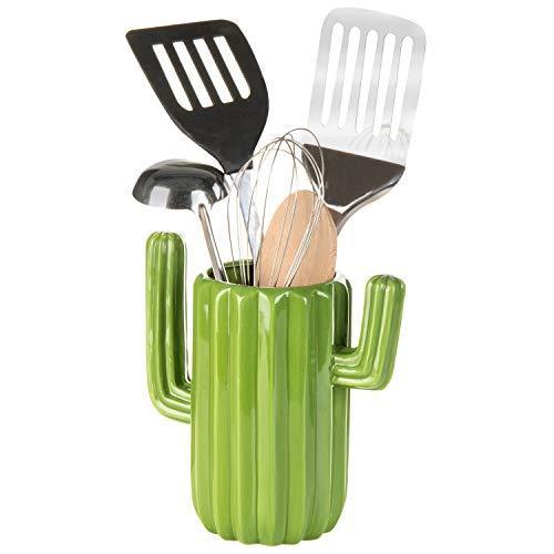 lot 5069 image: MyGift Southwestern Style Green Ceramic Utensil Holder with Cactus Shaped Design, Countertop Utensil Crock Container Kitchen Decor