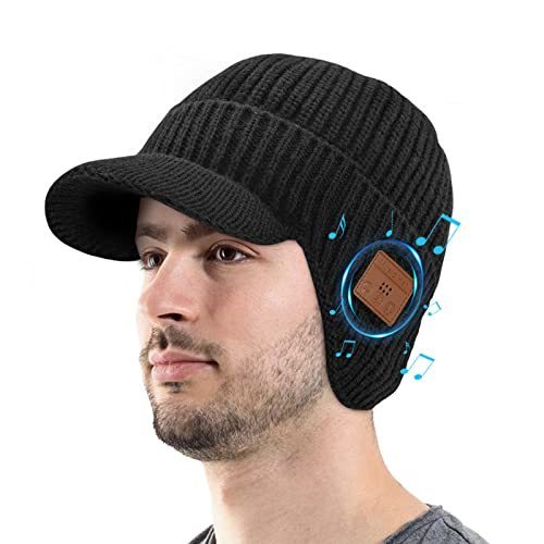 lot 5125 image: Unisex Wireless Beanie Hat with Headphones, Upgrade Knit Earflap Beanie Hat with Visor Brim Built-in Microphone and Stereo Speakers, USB Rechargeable Music Hats Stocking Stuffers for Men Women Black