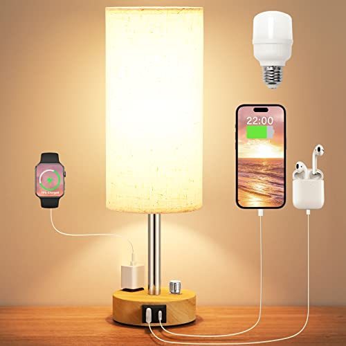 lot 7316 image: Bedside Lamp with USB Port Outlet - Soild Wood Dimmable Table Lamp for Bedroom Nightstand, Small Bed Side Night Stand Lamps with USB-C Charging Ports for Living Room, KidsGuest Light (Bulb Included)