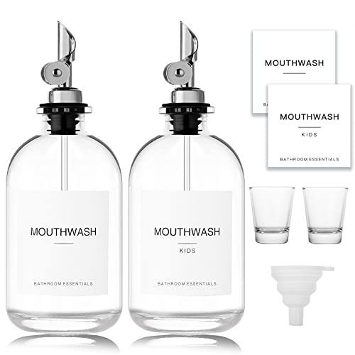 lot 7402 image: HomeFeel Glass Mouthwash Dispenser with Cups, 12.7 oz, 2 Pack - Clear Mouthwash Bottle with 304 Stainless Steel Spout & Minimalist Labels, Style Mouthwash Container for Bathroom, Silver