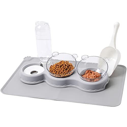 lot 7411 image: LKSTK Grey Triple Cat Bowl with Waterproof Mat and Scoop, 15°Tilted Raised Cat Food Bowl, Pets Water and Food Bowl Set with Automatic Water Bottle, Wet and Dry Food Bowl for Cat &amp Small Dog