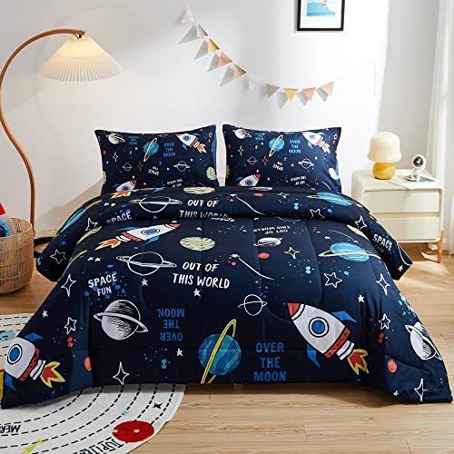 lot 7424 image: beeweed 2 Piece Kid Comforter Set Twin Size, Space Rocket Bedding Set for Teen Boys Girls