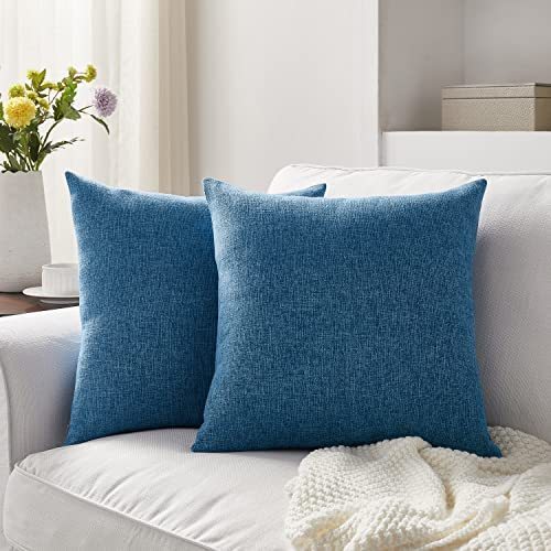 lot 8692 image: Meekio Set of 2 Blue Pillow Covers 18 x 18 Inch Farmhouse Boho Decorative Throw Pillow Covers Linen Cushion Covers for Sofa Couch Decor