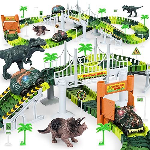 lot 8742 image: Dinosaur Tracks, 185 PCS Create A Dinosaur World Road Race for Kids Boys Toys Flexible Train Tracks Set and 2 Cool Dinosaurs Cars Dinosaur Toys for Age 3 4 5 6 7 8 Year & Up Old Boy Girls Best Gift