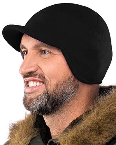 lot 5311 image: 2SBR 2SABERS Fleece Winter Beanie with Short Visor - Men Women - Earflap Brim Bill Skull Cap Black