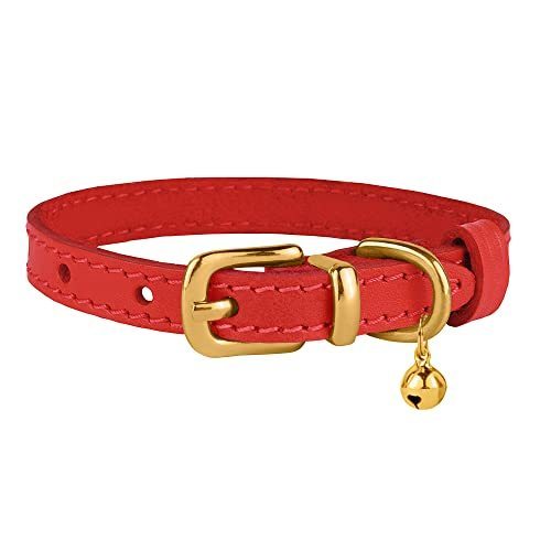 lot 6356 image: BRONZEDOG Leather Cat Collar with Bell Adjustable Non Breakaway Kitten Collars for Girl Boy Indoor Small Pet&nbsp