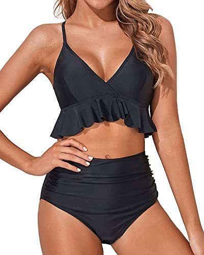 lot 7475 image: Tempt Me Women Solid Black Two Piece Swimsuits High Waisted Bikini Set Ruffle Flounce Tummy Control Bottoms Bathing Suit L