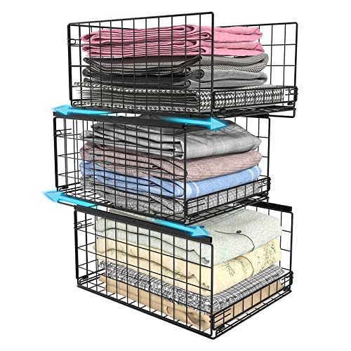 lot 8891 image: 3-tier Sliding Closet Organizers and Drawer Storage Shelves, Stackable Storage Bins for Jean Pants Sweaters, Metal Drawer Shelf Clothes Storage Container, Wardrobe Cupboard Organizer for Folded Clothes (Closet Organizers Black)