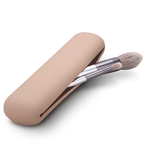 lot 8930 image: FERYES Travel Makeup Brush Holder, Silicon Trendy and Portable Cosmetic Face Brushes Holder, Soft and Sleek Makeup Tools Organizer for Travel-Khaki