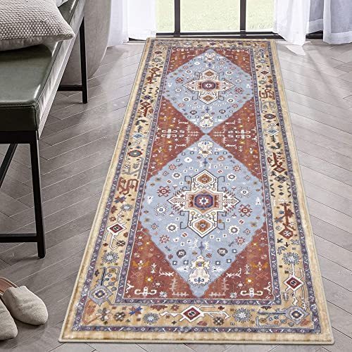 lot 6884 image: HEBE Boho Tribal Area Rug Runner 2x6Ft Distressed Entryway Rug Doormat Bohemian Faux Wool Non Slip Washable Floor Carpet Runner Rugs for Indoor Front Entrance Kitchen Bathroom