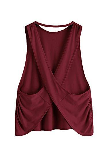 lot 9058 image: MakeMeChic Womens Yoga Workouts Tank Tops Cross Open Back Lightweight Gym Sport Shirts Burgundy XS