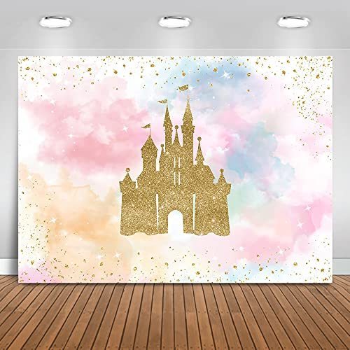 lot 9059 image: Mocsicka Princess Castle Birthday Backdrop Watercolor Pastel Rainbow Birthday Background Gold Glitter Royal Birthday Party Cake Table Decoration Photo Booth Props (7x5ft)