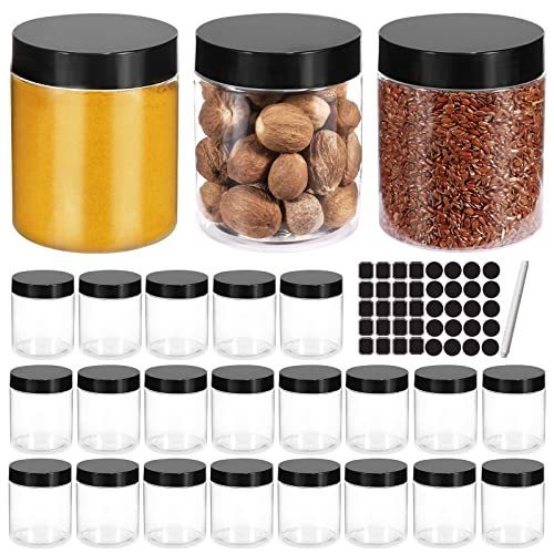 lot 9191 image: STARSIDE 24 Pack 250ml 8 oz Empty Clear Plastic Jars with Black Lids, Refillable Round Containers for Slime,Beauty Products, powder, Cream, Scrubs, Cookie,Dried Fruit. Include 1 Pen and 80 Labels.