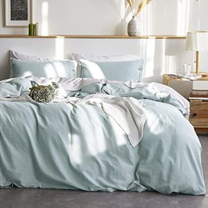 lot 9260 image: Bedsure Linen Duvet Cover King Linen Cotton Blend Duvet Cover Set - 3 Pieces Comforter Cover Set (Spa Blue,104 x 90 inches,No Comforter Included)