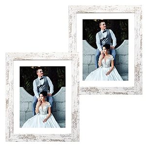 lot 9269 image: Capcillin 8x10 Picture Frame Wood Patten Distressed White Set of 2, Each Frame with Mat,Display 8x10 Picture Without mat or 5x7 Photos with Mat Wall Decor Table Top(CP001-MD8x10RW)
