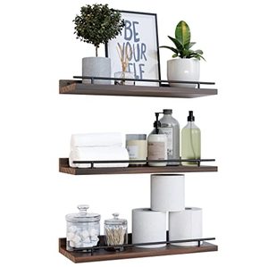 lot 9274 image: WOPITUES Floating Shelves with Black Metal Guardrail, Shelves for Wall Decor Set of 3, Wall Shelves for Bedroom, Bathroom, Kitchen, Living Room, Plants, Picture Frames, Art- Dark Brown